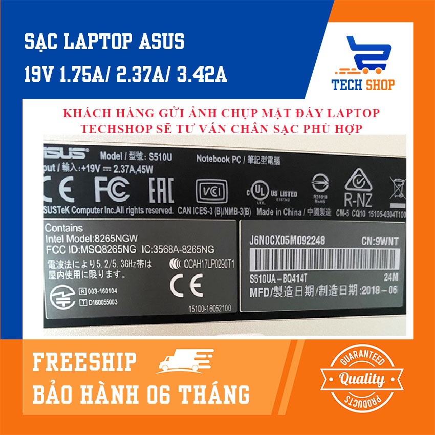 [FREESHIP]Sạc laptop asus công suất 19V - 2.37A/ 1.75A/ 3.42A kích thước chân sạc 4.0*1.35mm/ 5.5*2.5mm/ 4.5*3.0mm (Củ hình vuông)
