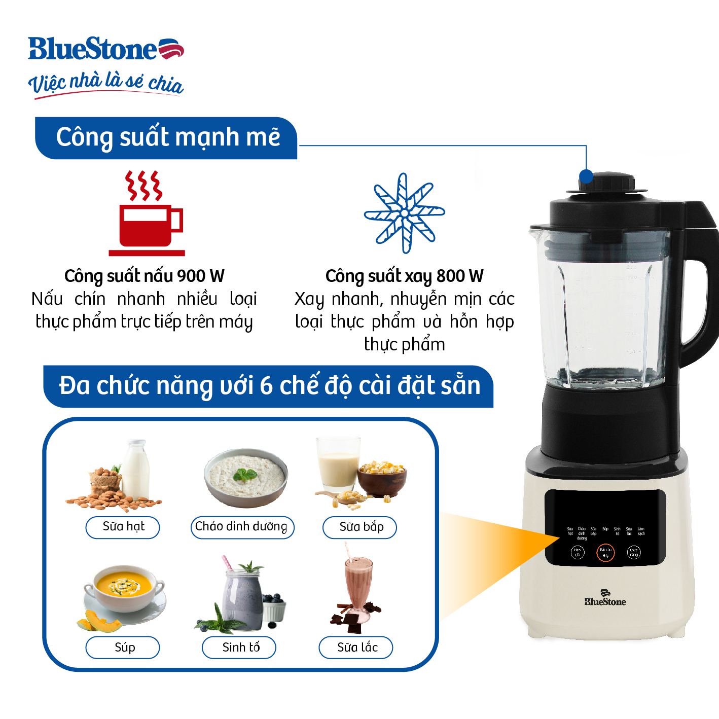 Máy xay sinh tố, làm sữa hạt xay nấu đa năng BlueStone BLB-6035 - 6 chế độ xay nấu-Bảo hành...