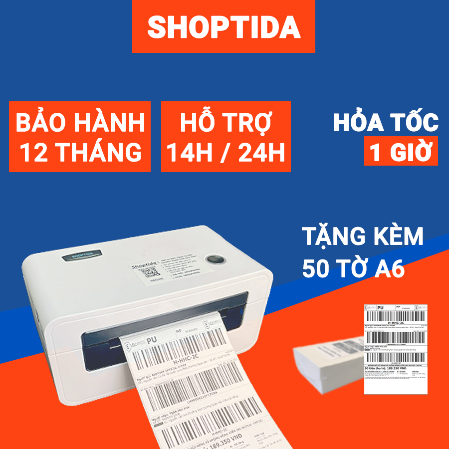 Máy in nhiệt Shoptida SP46 in đơn hàng, phiếu gửi, minicode, logo tự dán, 4 phân loại lựa chọn mua kèm phụ kiện và giấy in ưu đãi, máy in đơn hàng sử dụng giấy in nhiệt tự dán bảo hành 12 tháng