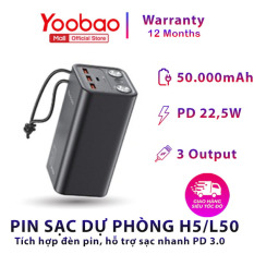 Pin sạc dự phòng Yoobao H5 50000mAh – Tích hợp đèn pin siêu sáng – Sạc nhanh cho điện thoại, macbook, laptop – Hàng phân phối chính hãng – Bảo hành 12 tháng