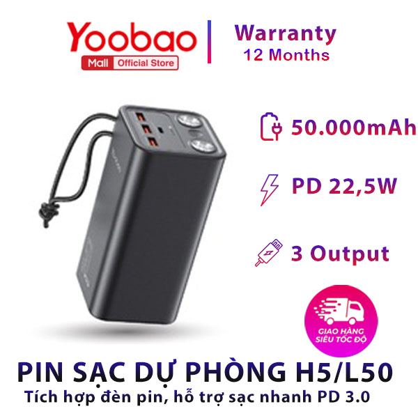 Pin sạc dự phòng Yoobao H5 50000mAh - Tích hợp đèn pin siêu sáng - Sạc nhanh cho điện thoại,...