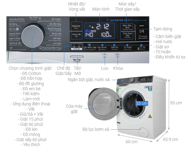 Máy giặt sấy Electrolux Inverter 10 kg EWW1042AEWA, sấy 7kg, hàng chính hãng, giá ưu đãi
