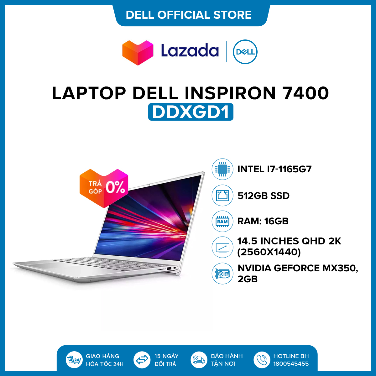 Laptop Dell Inspiron 7400 14.5 inches IPS QHD (Intel / i7-1165G7 / 16GB / 512GB SSD / NVIDIA GeForce MX350, 2GB / Finger Print / Win 10 Home SL) l Silver l DDXGD1 l HÀNG CHÍNH HÃNG