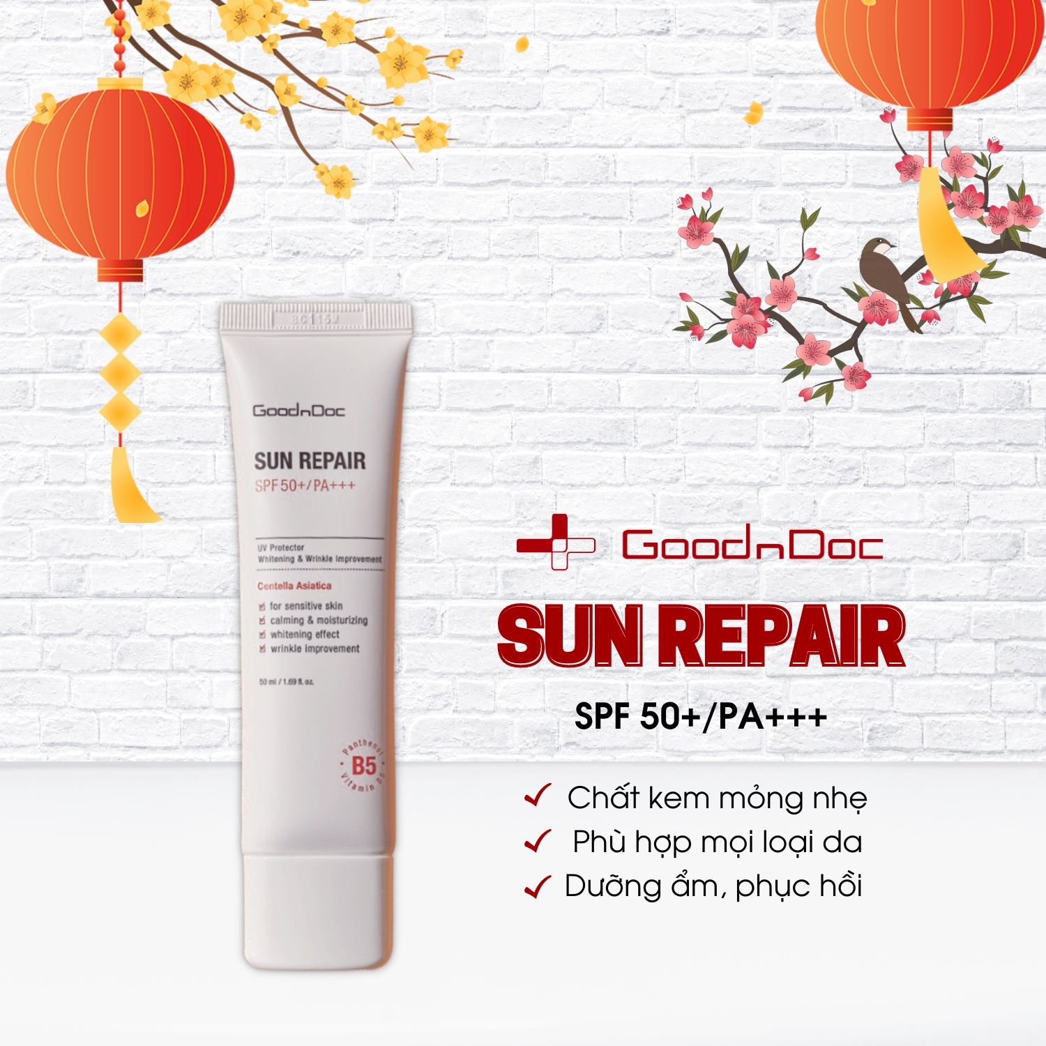 Kem chống nắng GoodnDoc Sun Repair SPF50+ PA+++ [50ml] dưỡng ẩm, phục hồi da