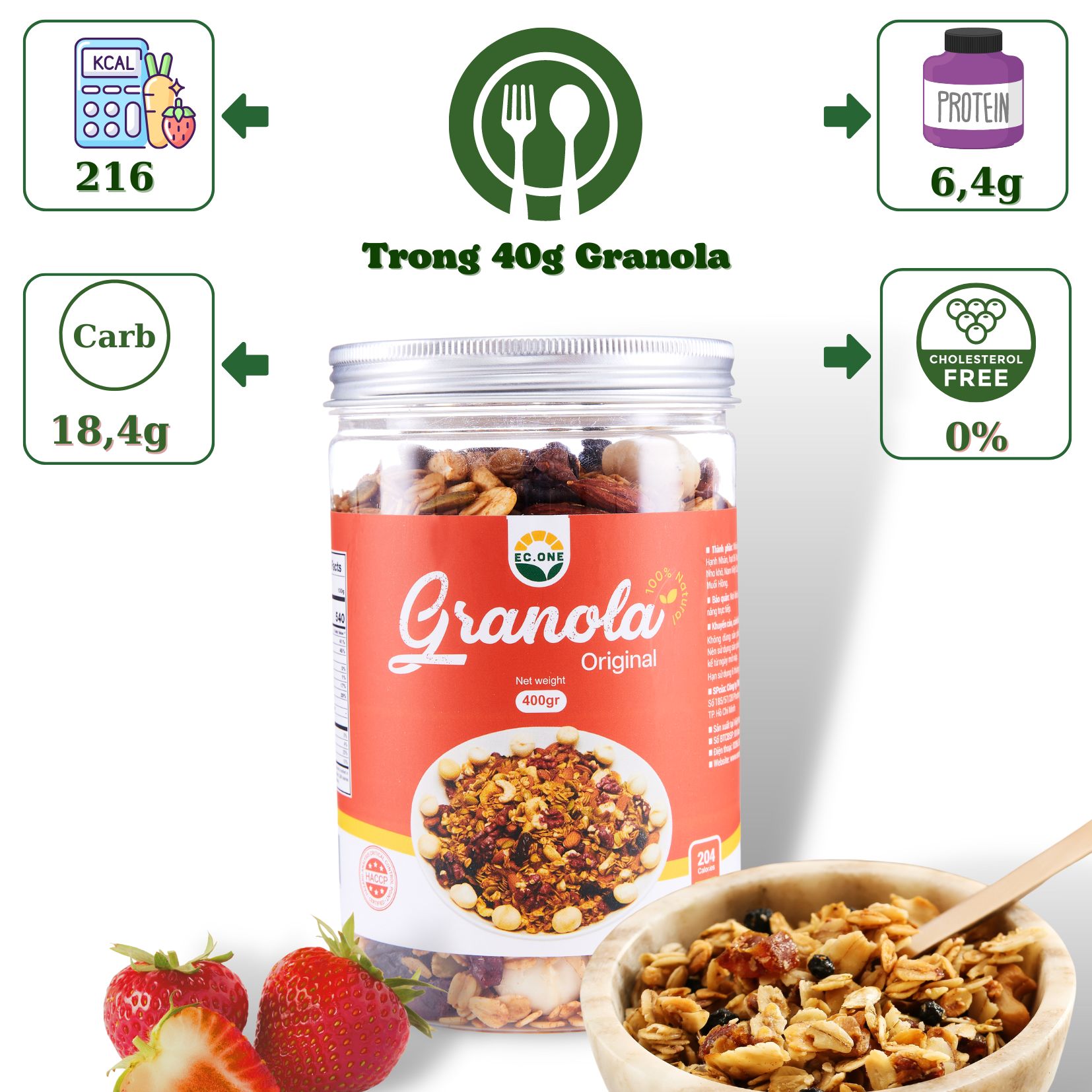 [COMBO 3 VỊ] Granola nướng mật ong by Ec-One không đường (Hũ pet, 400g/hũ)