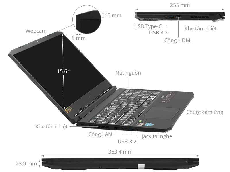 Laptop Acer Nitro 5 AN515-45-R3SM (NH.QBMSV.005)/ Black/ AMD Ryzen R5 5600H (3.20 Ghz, 16 MB)/ RAM 8GB DDR4/ 512GB SSD