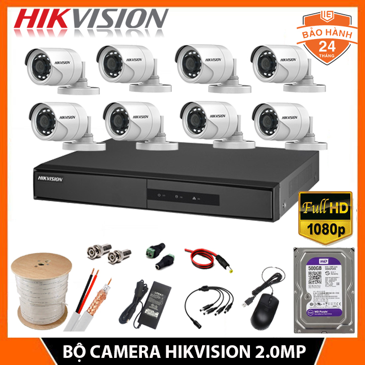 Bộ Camera giám sát HIKVISION 8 mắt 2.0MP - FHD 1080P Tặng kèm Ổ cứng HDD + Đầy đủ phụ...