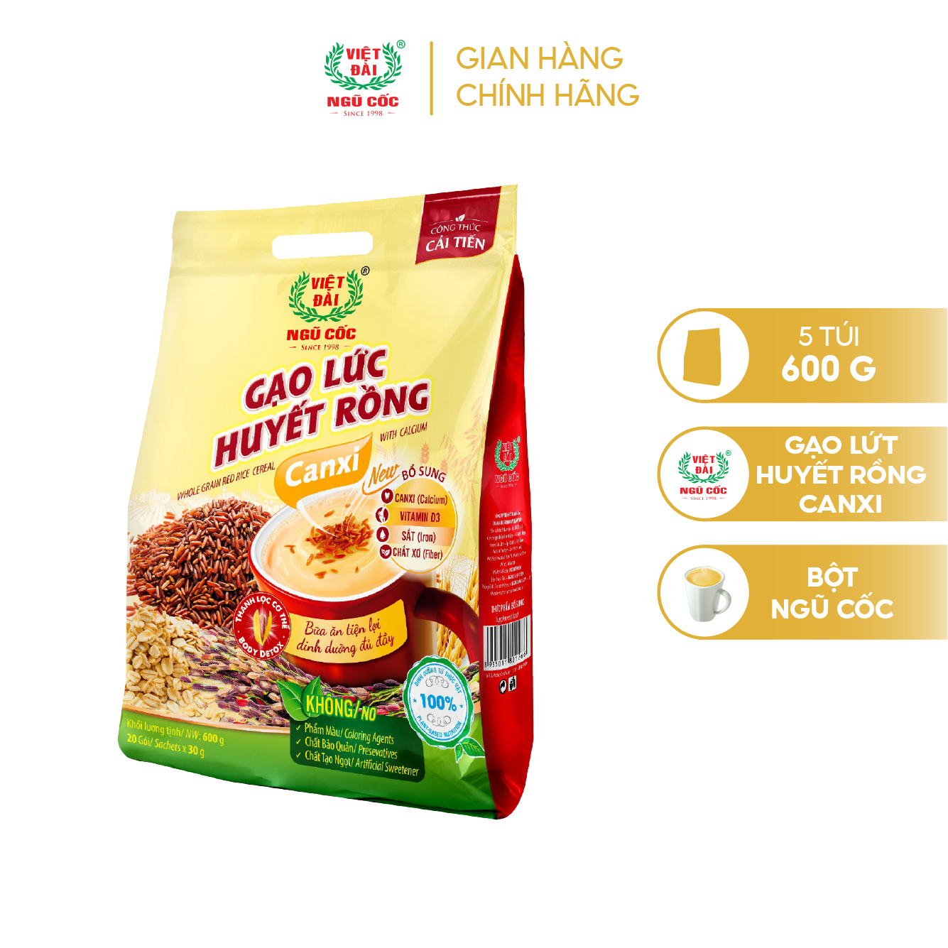 Combo 5 sản phẩm Bột ngũ cốc Gạo lức huyết rồng Canxi Việt Đài túi 600g