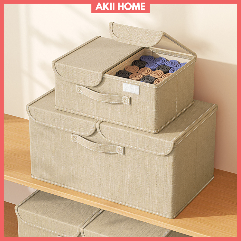 Hộp vải đựng đồ đa năng 2 ngăn có nắp, khung hộp, tấm lót đáy gỗ MDF cứng cáp Akii Home TD72