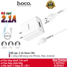 Bộ sạc cáp Hoco C81 cổng USB 2.1A đầu Lightning, Micro, Type-C dây dài 1m – Chính hãng