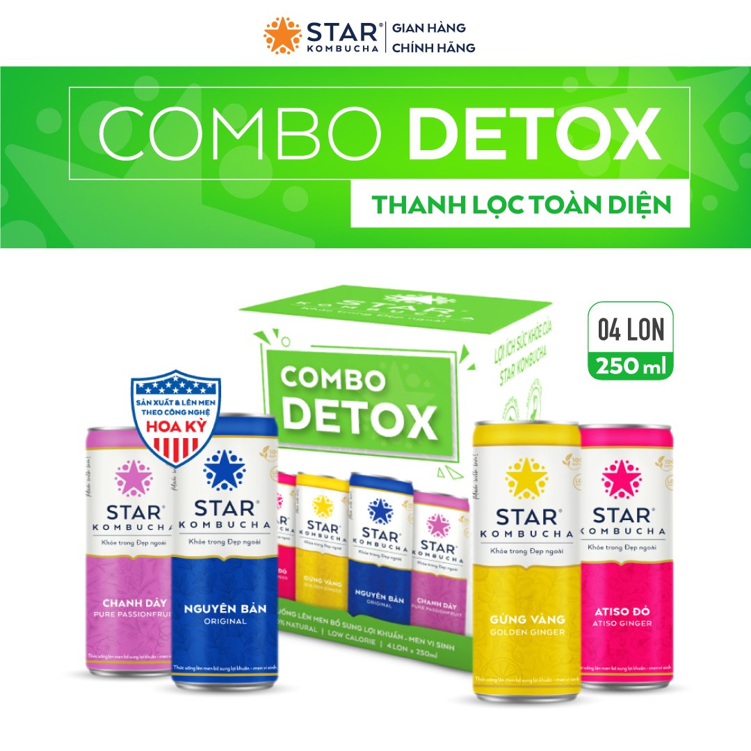Combo 4 lon trà STAR KOMBUCHA mix vị - Detox Pack (250ml/lon) - Trà lên men vi sinh chứa probiotics...