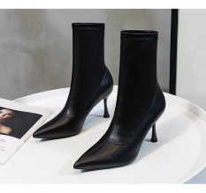 (Bảo hành 12 tháng) Giày boot cao gót nữ cổ cao gót mảnh thời trang cao cấp – Giày cao gót nữ cao 8cm – Giày nữ da mềm 3 màu Trắng – Đen – Kem- Linus LN228