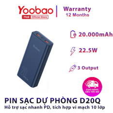 Pin sạc dự phòng 20000mAh D20Q Yoobao PD 20 Sạc nhanh công suất 22,5W- Dùng cho Iphone 11,12, Huawei,… – Thiết kế hiện đại – Màu sắc tinh tế – Hàng phân phối chính hãng – Bảo hành 12 tháng – 1 đổi 1