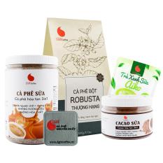 SET Làm quen 6, cà phê Thượng hạng 500g, cà phê sữa hũ 500g, cacao sữa hũ 230g, matcha sữa Aiko 50g, Lót ly – Light Coffee