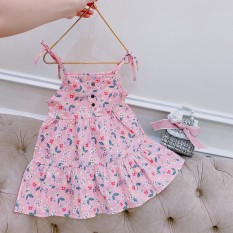 [ Babi mama ] Váy Bé Gái Đầm Trẻ Em Kiểu Hai Dây Họa Tiết Hoa Hồng Dáng Xòe Tiểu Thư – V11-2021