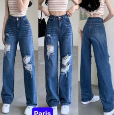Quần jean ống suông rộng màu xanh đen rách cơ bản cạp lưng cao nâng mông phong cách cao cấp – Paris Fashion