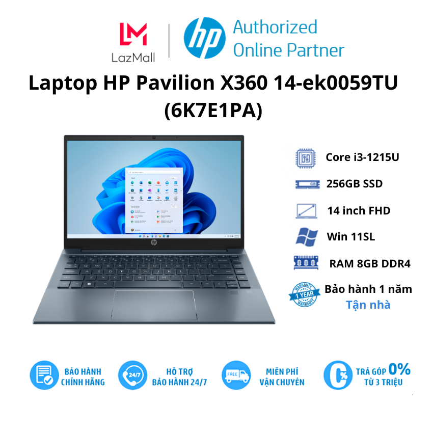 Laptop HP Pavilion X360 14-ek0059TU/ Intel Core i3-1215U (Up to 4,40 GHz, 10MB)/ RAM 8GB/ 256GB SSD/ Intel UHD Graphics/ 14 Inch FHD/ 3 Cell/ Win 11SL/ 1Yr