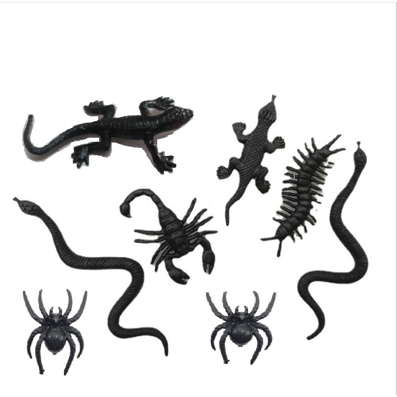 [đồ chơi troll] Combo 06 con côn trùng toàn màu đen (rắn, rết, thằn lằn, nhện,