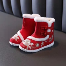 ◈ Giày Hanfu trẻ em phong cách Trung Hoa thu đông giày cotton bé gái Plus nhung dày thêu phù hợp với bốt