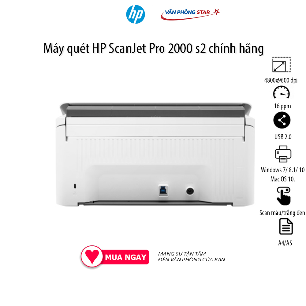 Máy quét / Scanner HP 2000 S2 (6FW06A) Độ phân giải 600 dpi, Tốc độ Lên đến 35 ppm/70 ipm,...