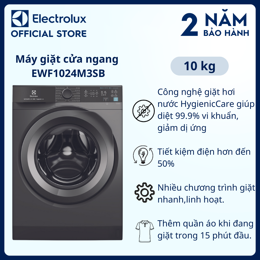 [Free Giao lắp] Máy giặt cửa ngang Electrolux 10kg UltimateCare 300 EWF1024M3SB – Xám đen Onyx diệt 99.9% vi khuẩn, giảm dị ứng, Tiết kiệm điện
