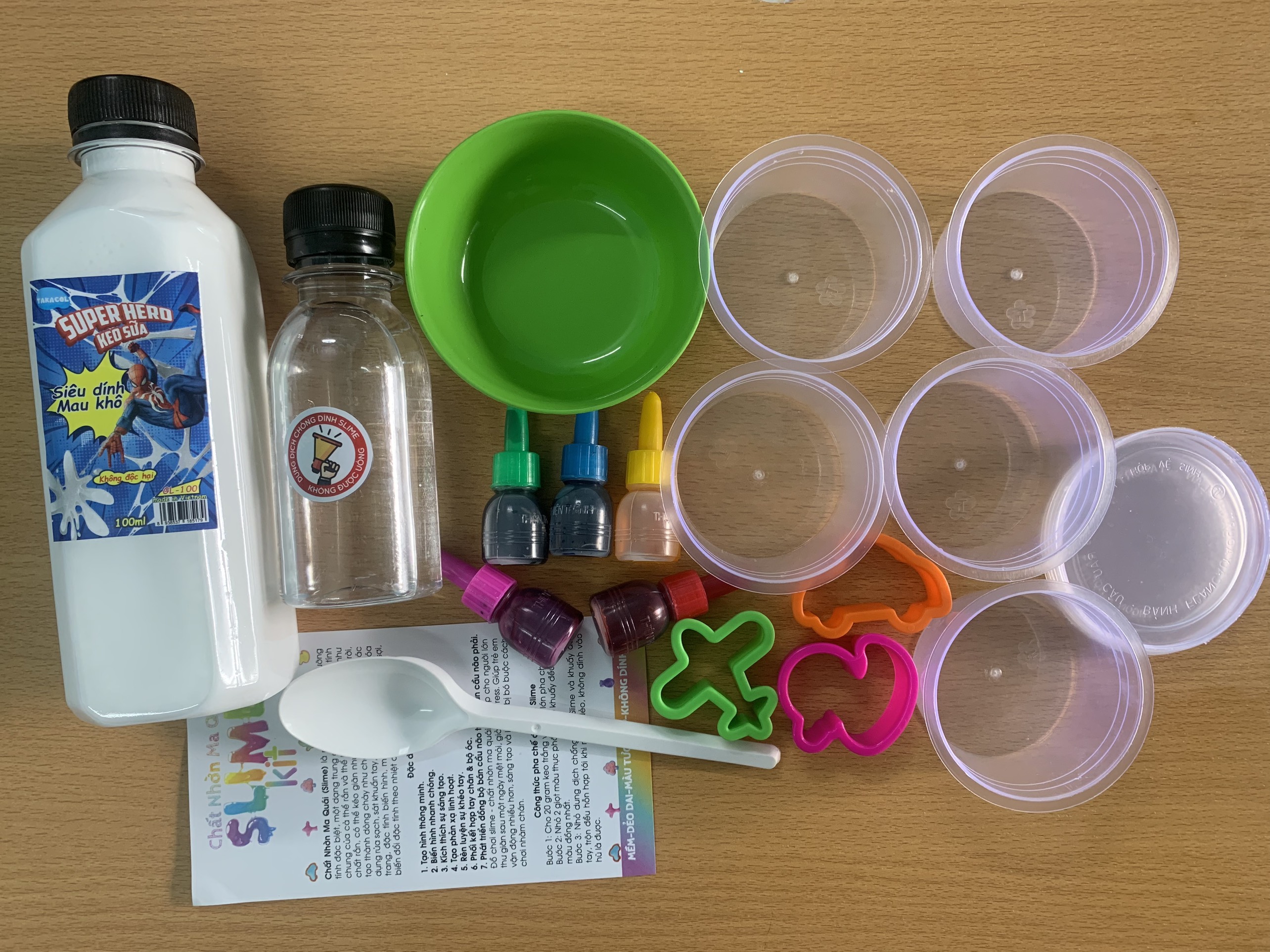 Bộ kit làm slime HÀNG VIỆT NAM Slam mềm dẻo, có 5 màu thực phẩm, tặng kèm hũ và chén...