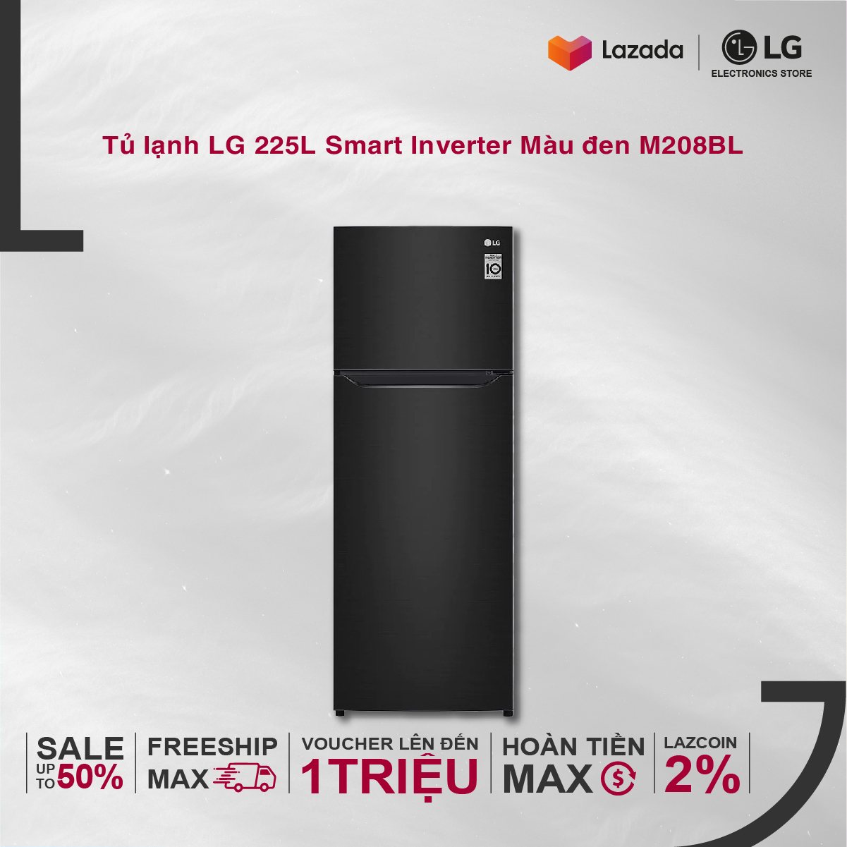 [Miễn phí giao + lắp][VOUCHER upto 1 triệu][Trả góp] Tủ lạnh LG Smart Inverter GN-M208BL 225L (Đen) 55.5 x 152...