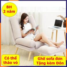 Ghế Sofa Đơn kèm Đôn, Ghế sofa lười phòng khách, ghế lười sofa có điều chỉnh ngả lưng, chân gỗ cao