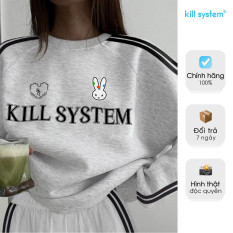 Áo sweater Kill System hình thỏ Cozy màu xám viền sọc tay chất vải chân cua