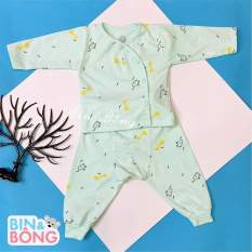 Bộ quần áo dài tay sơ sinh Unchi cho bé mẫu cúc lệch in họa tiết, quần áo sơ sinh, bộ quần áo dài tay, 5 màu cho bé lựa chọn