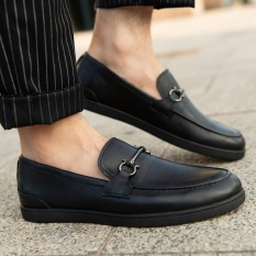 Giày tây moccasin nam đế bằng phối khóa kim loại thời trang mới, đế khâu chống trơn
