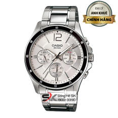 Đồng Hồ Casio Nam MTP-1374D-7AVDF Mặt Trắng Viền Đen Dây Kim Loại Màu Trắng Chính Hãng Casio Anh Khuê