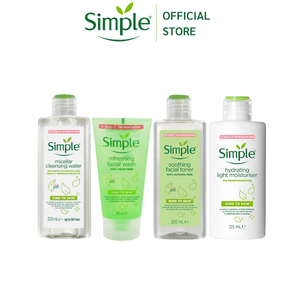 Combo 4 SIMPLE Nước Tẩy Trang 200ml + Sữa Rửa Mặt 150ml + Nước Cân Bằng Da 200ml + Kem dưỡng ẩm sáng da 125ml