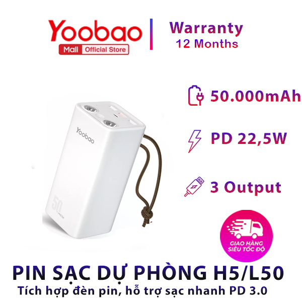 Pin sạc dự phòng Yoobao H5 50000mAh - Tích hợp đèn pin siêu sáng - Sạc nhanh cho điện thoại,...