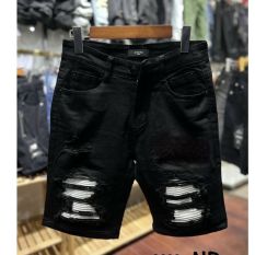 quần short jean nam dài đen rách vá da mẫu mới nhất đẹp,chất jean co giãn bền màu giá siêu tốt
