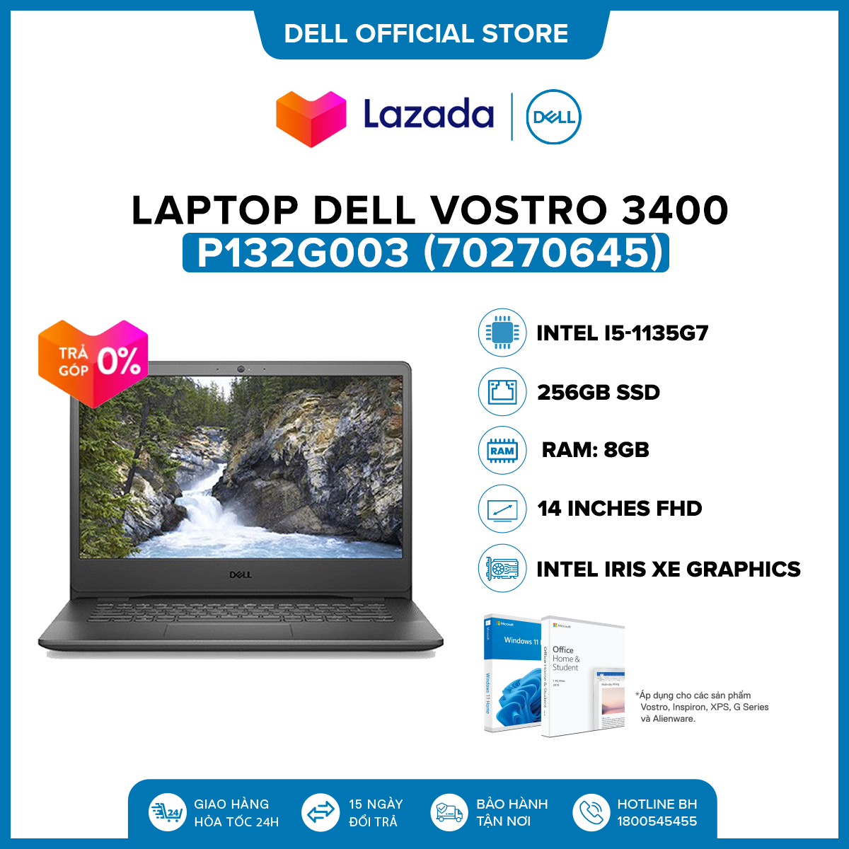 Laptop Dell Vostro 3400 14 inches FHD (Intel / i5-1135G7 / 8GB / 256GB SSD / McAfeeMDS / Office Home & Student 2021 / Windows 11) l Black l P132G003 (70270645)