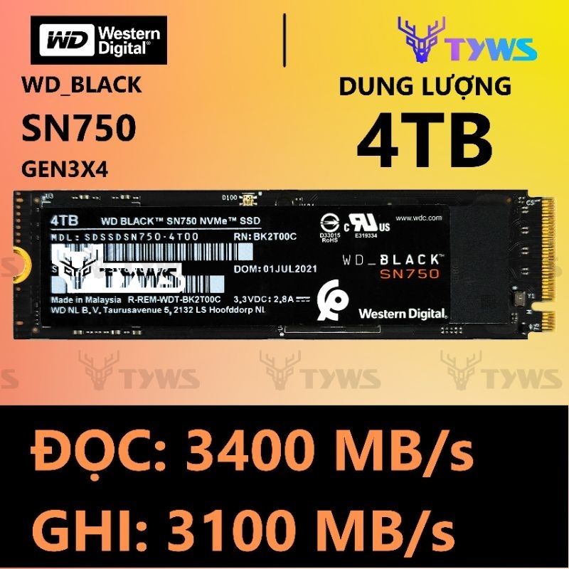 [SSD NVMe 4TB] Ổ Cứng SSD WD Black 4TB SN750 M.2 NVMe Gen 3×4 SN7504TB