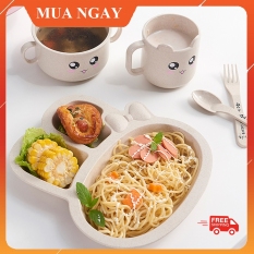 (Tặng Thìa Và Dĩa )Khay Ăn Dặm Lúa Mạch Chia Ngăn Hình Thỏ KIDOTA
