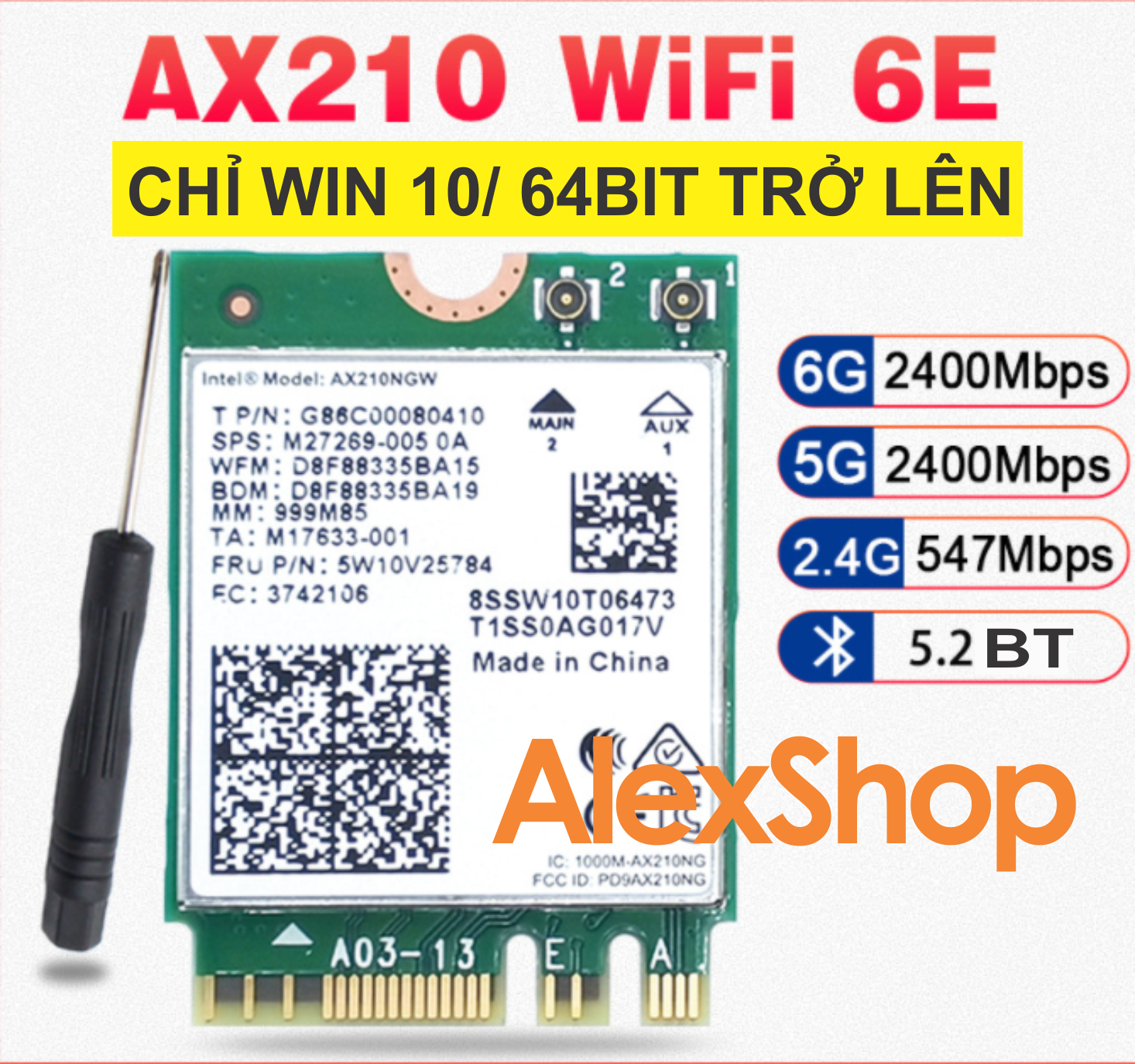 Card AX210/200/201 Wifi 6E/WiFi6 3000M Bluetooth 5.2/ 5.0 Khe Cắm m2 Thích Hơp cho PC Laptop Adapter gắn Card WiFi