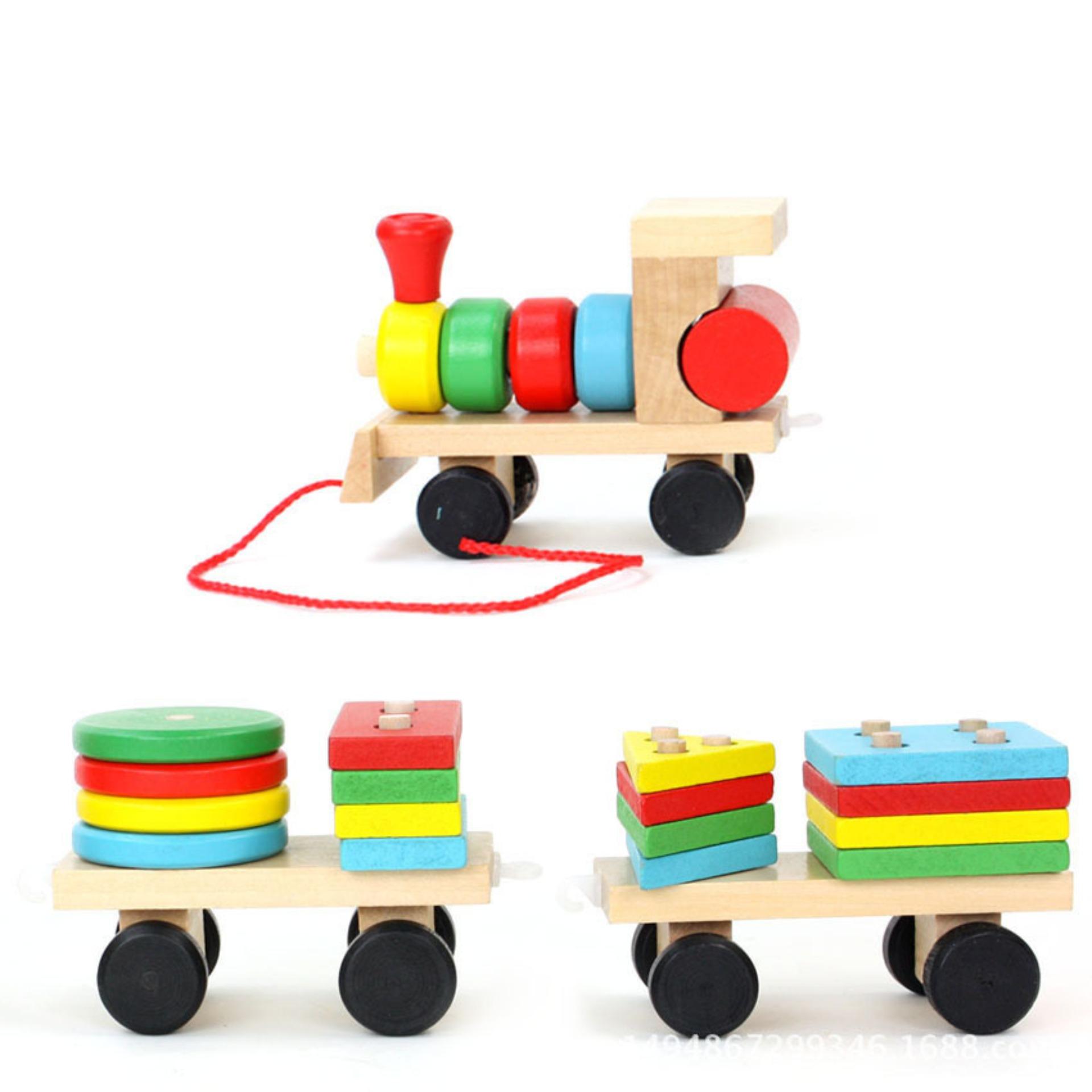 Đồ chơi đoàn tàu hỏa thả hình 16 khối gỗ phát triển tư duy cho bé