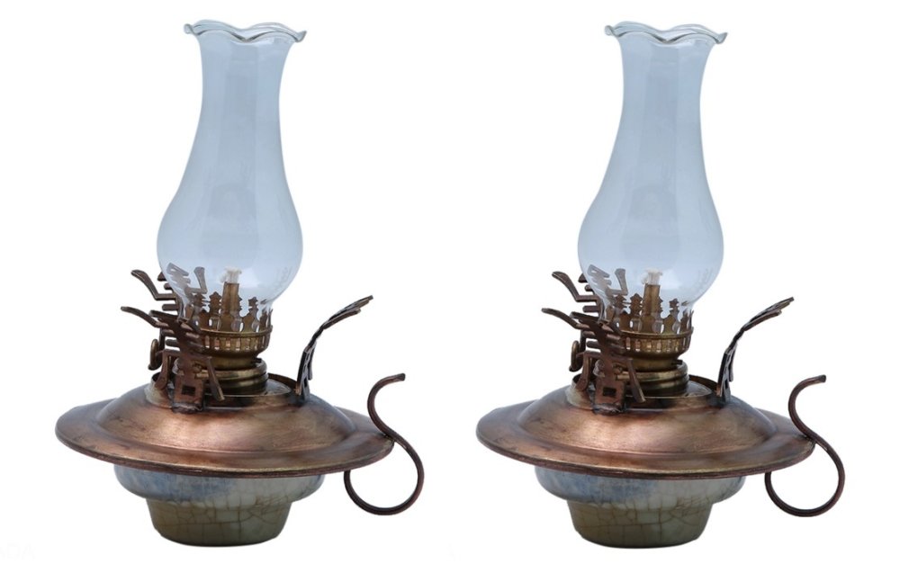 Bộ 2 đèn dầu thờ men lam cổ bọc đồng Bát Tràng-04