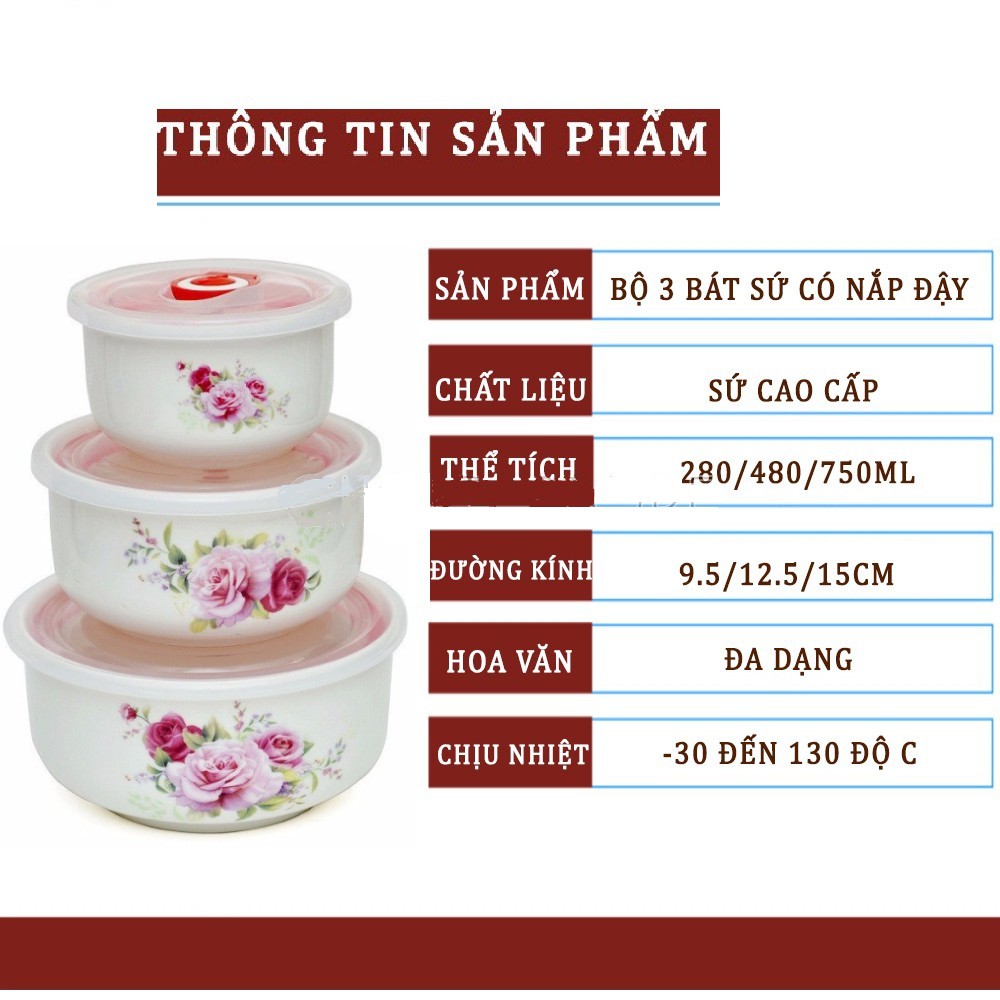 Set 3 Bát Sứ Có Nắp Hút Chân Không- Bộ 3 Bát Sứ Đựng Thực Phẩm