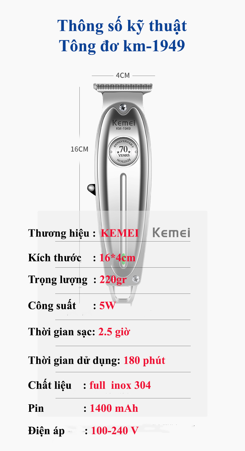 Tông đơ chấn viền Kemei KM-1949 không dây chuyên nghiệp,có thể khắc tatoo, cạo trắng... hàng phân phối chính thức,