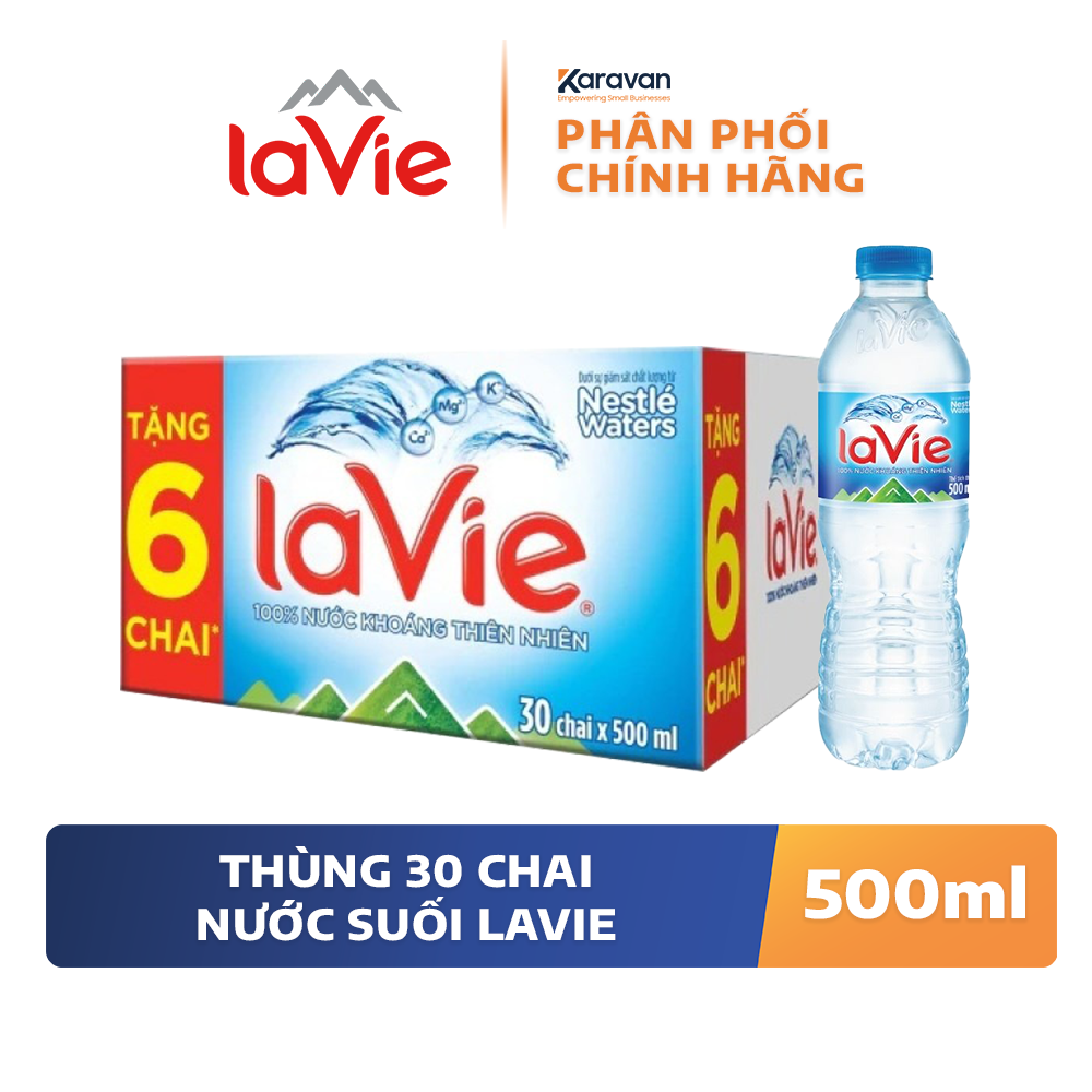 Nước khoáng Lavie chai 500ml – Thùng 24 chai (Tặng 6 chai)