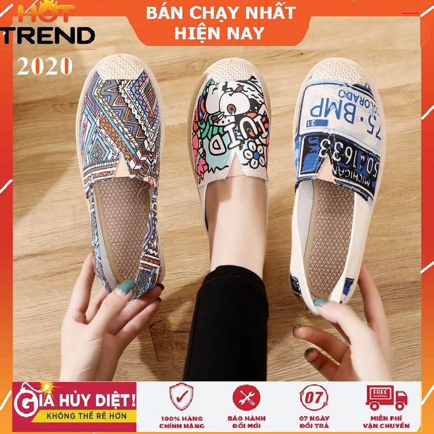Giày slip on nữ Siêu Chất bằng vải, họa tiết thổ cẩm – vintage siêu xinh, mũi cói, đi êm chân, giày lười nữ đẹp, giày Viva
