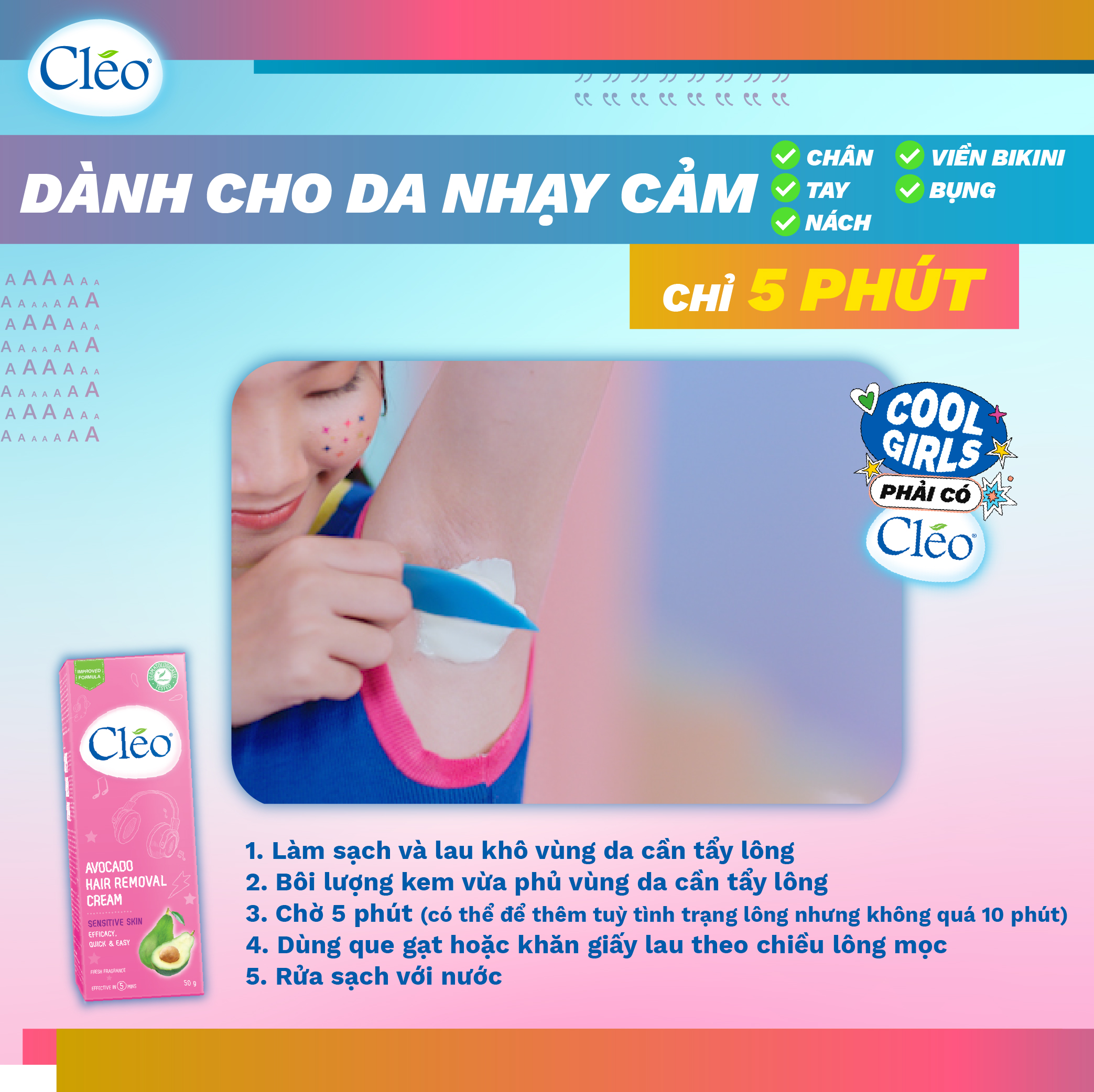 Kem Tẩy Lông Cleo Dành Cho Da Nhạy Cảm, An Toàn, Hiệu Quả, Không Đau Rát 50g