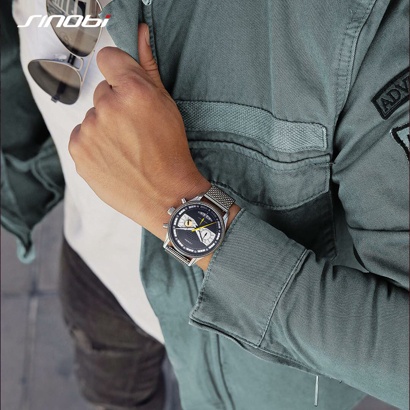 Sinobi Chronograph Man's Watches Creative Design Mens Quartz Wristwatches Stainless Steel Calender Gift Clock For Male