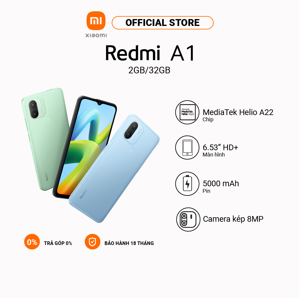 Điện thoại Xiaomi Redmi A1 2GB + 32GB Camera kép - Pin 5000mAh - Màn hình độ phân giải HD+