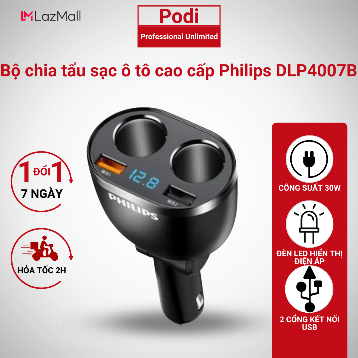 Bộ chia tẩu sạc Philips trên ô tô tích hợp 2 cổng kết nối USB có sạc nhanh DLP4007 – BH 2 năm