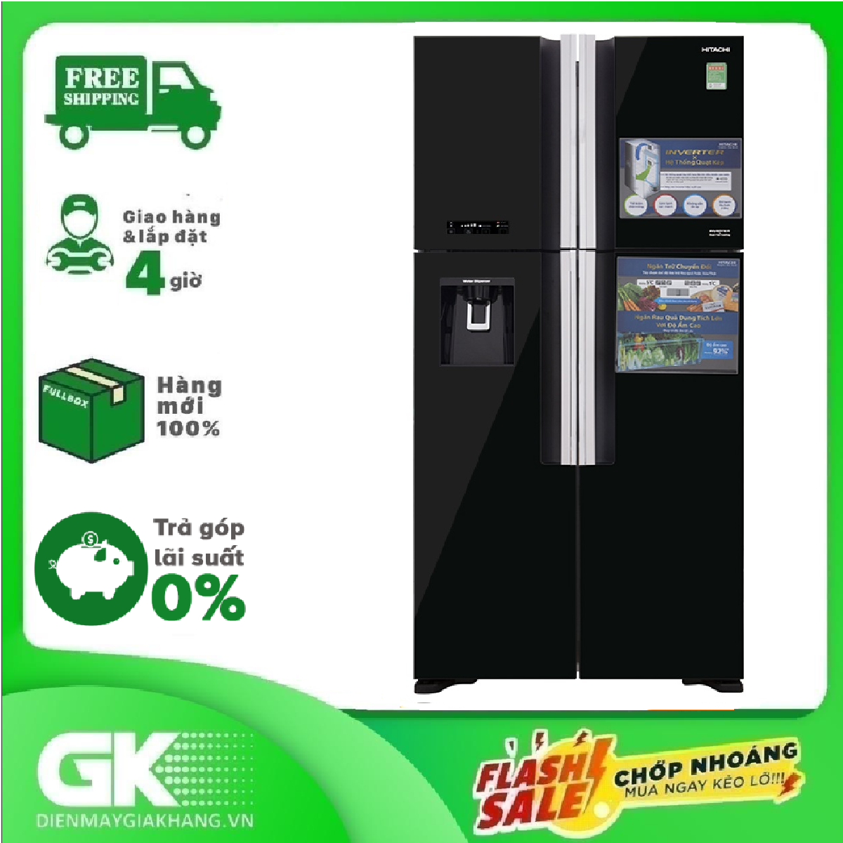 TRẢ GÓP 0% – Tủ lạnh Hitachi Inverter 540 lít R-FW690PGV7X GBK- Bảo hành 12 tháng